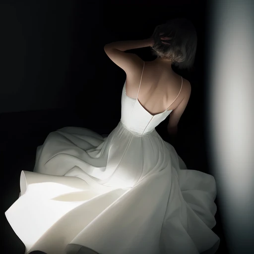 woman, in a white dress, in a dark room, with a spotlight on her