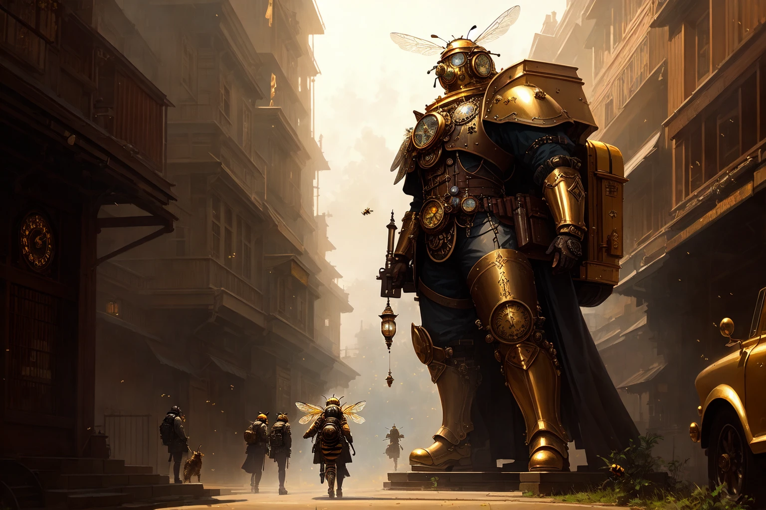 large holy (steampunk statue of a bee:1.2), golden bee face shields, praise bee, holy bee, godrays, the sun illuminating the holy bee, a bee glowing with holiness, shining halo, beelievers,
modelshoot style, (extremely detailed CG unity 8k wallpaper), photo of the most beautiful artwork in the world, professional majestic oil painting by Ed Blinkey, Atey Ghailan, Studio Ghibli, by Jeremy Mann, Greg Manchess, Antonio Moro, trending on ArtStation, trending on CGSociety, Intricate, High Detail, Sharp focus, dramatic, photorealistic painting art by midjourney and greg rutkowski,