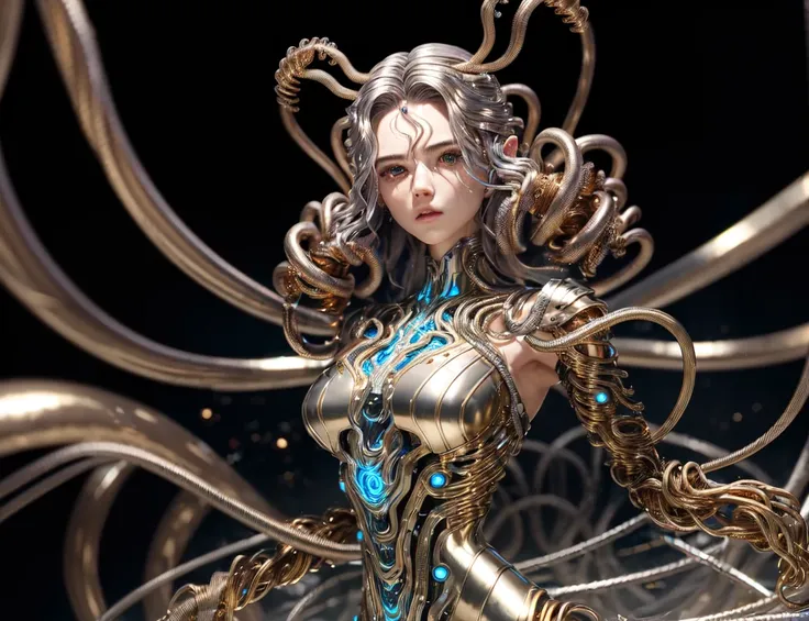 (full body shot) (womans hair is made from metallic tendrils:1.6) (long metallic tendril hair is flowing down her shoulders), her hair made of metallic tendrils is covering her body forming an sci-fi armor, (metal fibers:1.05), ((tendrils of metal)), scenery is cables and tech, intricate and detailed tech gear chaos, beautiful detailed glow, tentacles of metallic tendrils writhing around, chaos of cables around, metallic tendrils flowing, (cables and metallic tendrils swirling around the character:1.1), (detailed:1.05), colorful, (ultra-detailed:1.1), (detailed light:1.05),