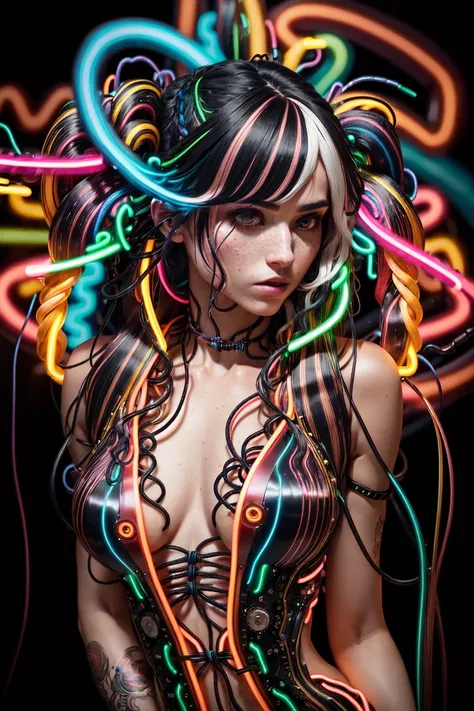(medium shot) (womans hair is made from thin multicolored neon tendrils:1.7) (long thin multicolored neon string hair is flowing down her body), her hair made of thin multicolored neon tendrils is conforming to and covering her body forming a dress, (neon fibers:1.05), ((cables of neon strings)), scenery is cables and tech, intricate and detailed tech gear chaos, beautiful detailed glow, tentacles of thin multicolored neon strings writhing around, chaos of cables around, neon tendrils flowing, (cables and multicolored neon strings swirling around the character:1.1), (detailed:1.05), (ultra-detailed:1.1), (detailed light:1.05)