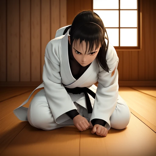 anime martial artist woman in a white gi, in wooden room, with black mats on floor