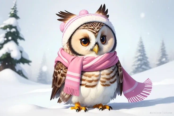 Style-NebMagic, Portrait of a round fluffy cute baby owl with a scarf made of Style-SylvaMagic in the snow, by Ismail Inceoglu, Gazelli, james jean, Anton Fadeev and Yoshitaka Amano, insanely detailed, 8k resolution, digital art, trending on artstation, Vibrant Colours, chibi style, a masterpiece, adorable friendly lovely