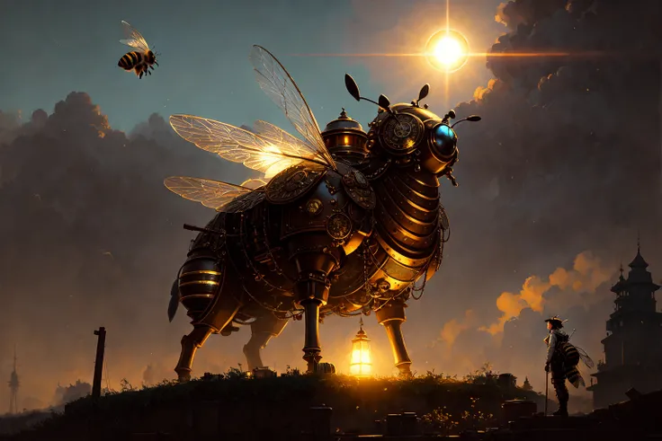 large holy (steampunk statue of a bee:1.2), golden bee face shields, praise bee, holy bee, godrays, the sun illuminating the holy bee, a bee glowing with holiness, shining halo, beelievers,
modelshoot style, (extremely detailed CG unity 8k wallpaper), photo of the most beautiful artwork in the world, professional majestic oil painting by Ed Blinkey, Atey Ghailan, Studio Ghibli, by Jeremy Mann, Greg Manchess, Antonio Moro, trending on ArtStation, trending on CGSociety, Intricate, High Detail, Sharp focus, dramatic, photorealistic painting art by midjourney and greg rutkowski,