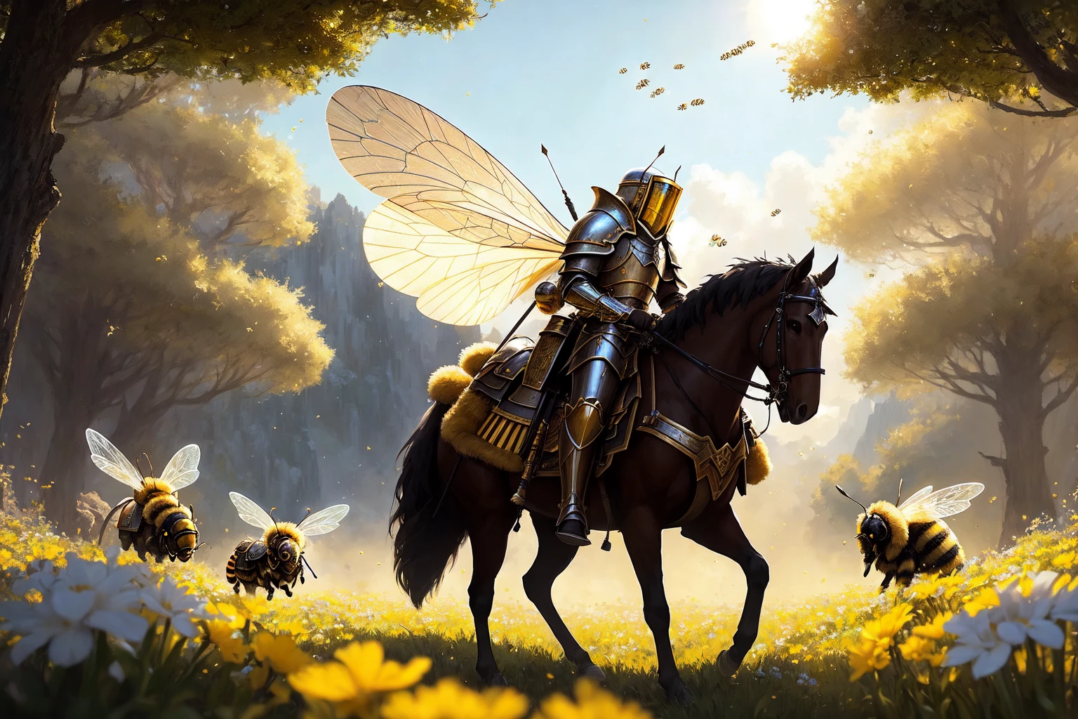 fantasy knights riding giant flying bees, fluffy bees, lances, pennants, armored female and male knights, golden bee face shields, praise bee, holy bee, godrays, the sun illuminating the holy bee, a bee glowing with holiness, shining halo, beelievers,
modelshoot style, (extremely detailed CG unity 8k wallpaper), photo of the most beautiful artwork in the world, professional majestic oil painting by Ed Blinkey, Atey Ghailan, Studio Ghibli, by Jeremy Mann, Greg Manchess, Antonio Moro, trending on ArtStation, trending on CGSociety, Intricate, High Detail, Sharp focus, dramatic, photorealistic painting art by midjourney and greg rutkowski,
(((( _embroidery15_))))
