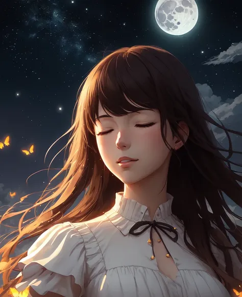 a portrait of a cute girl with a luminous dress, eyes shut, mouth closed, long hair, wind, sky, clouds, the moon, moonlight, stars, universe, fireflies, butterflies, lights, lens flares effects, swirly bokeh, brush effect, In style of Yoji Shinkawa, Jackson Pollock, wojtek fus, by Makoto Shinkai, concept art, celestial, amazing, astonishing, wonderful, beautiful, highly detailed, centered