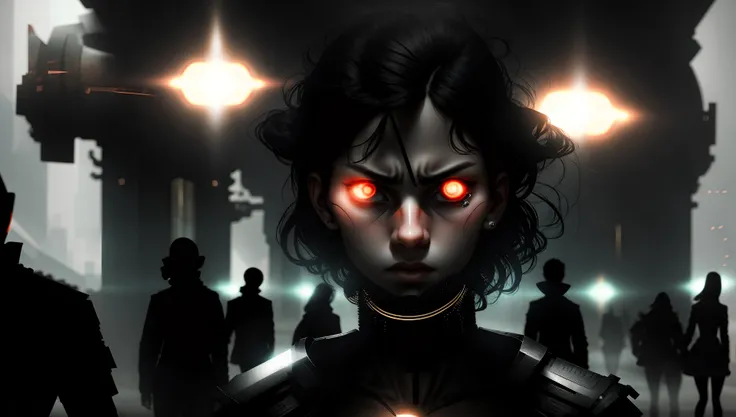 portrait photo, Fierce Woman Standing [a mind-reading device leads to invasion of privacy|a group of thieves attempt to steal a magical treasure from an ancient temple], [scifi:fantasy:0.6] cinematic Lighting (glitchstick:0.5) (to8highkey:1) <lora:to8sHighKeyLORASD21_sd21768:0.6> <lora:GlitchStickV15-256:0.6> <lora:johnsondesuv15-320-e1:0.8>