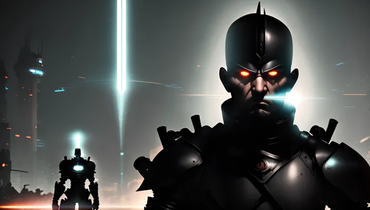 close up photo, intimidating Man Standing [a future where people can download their consciousness into robots|a kingdom where magic is forbidden], [scifi:fantasy:0.6] cinematic Lighting (glitchstick:0.5) (to8highkey:1) <lora:to8sHighKeyLORASD21_sd21768:0.6> <lora:GlitchStickV15-256:0.6> <lora:johnsondesuv15-320-e1:0.8>