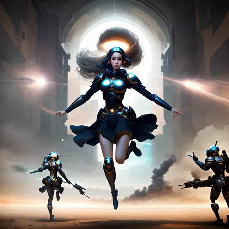 photo, portrait, Pretty Woman Jumping [a war between humanity and artificial intelligence|a group of rebels attempt to overthrow a tyrannical king who possesses a powerful magical artifact], [scifi:fantasy:0.6] cinematic Lighting (glitchstick:0.5)  <lora:GlitchStickV15-256:0.6> <lora:johnsondesuv15-320-e1:0.8>