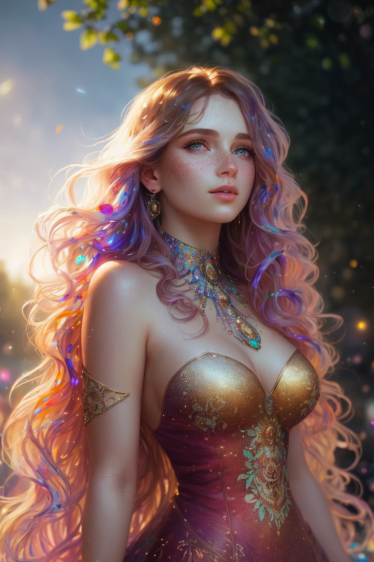 (((photorealistic painting))), ((full body)) portrait of ((stunningly attractive)) woman at a music festival, ((perfect feminine face)), (+long colorful wavy hair), (+glitter freckles), glitter, wearing a dress, intricate, 8k, highly detailed, volumetric lighting, digital painting, intense, sharp focus, ((art by artgerm and rutkowski and alphonse mucha)), cgsociety, good anatomy, great lighting, subsurface scattering, award winning, masterpiece