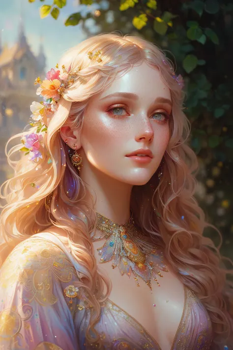 (((photorealistic painting))), (full body:1.6), (stunningly attractive)) woman at a renaissance festival, ((perfect feminine face)), (+long colorful wavy hair), (+glitter freckles), (glitter), wearing a flowing dress, intricate, 8k, highly detailed, volumetric lighting, digital painting, intense, sharp focus, ((art by artgerm and rutkowski and alphonse mucha)), (cloth simulation), (wind), cgsociety, good anatomy, great lighting, subsurface scattering, award winning, masterpiece, (perfect skin texture)),((realistic)), (style-sylvamagic:0.6)