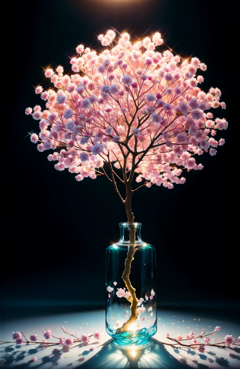 sakura tree in a bottle, fluffy, realistic, atmospheric light refraction, by lee jeffries nikon d850 film stock photograph 4 kodak portra 400 camera f1.6 lens rich colors hyper realistic lifelike texture dramatic lighting unreal engine trending on artstation cinestill 800, Style-Glass