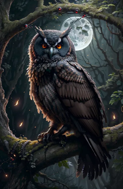 award winning photo, A black bird owl sitting on a branch, feathers, evil, sinister, red eye, intricate, detailed feathers, forest background, wildlife photography, by lee jeffries nikon d850 film stock photograph 4 kodak portra 400 camera f1.6 lens rich colors hyper realistic lifelike texture dramatic lighting trending on artstation cinestill 800, Style-LostTemple, deep shadow, high contrast, dark, full moon Style-NebMagic
