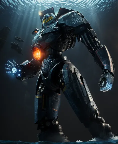 Fine detail, 4K wallpaper, arms outstretched, body and arms sharply defined, full body,masterpiece, best quality,mecha,Gipsy Danger,realistic,blue_theme, fantasy, no_humans, scenery, snow, snowing, tower, underwater