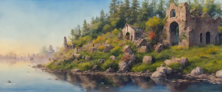 ((masterpiece, best quality)),landscape stretching, weird mysterious ruins, in landscape with Analogous Colors with pattern at midday, morning, spring, temperate forest, incandescent multi-colored light, ((water color painting))