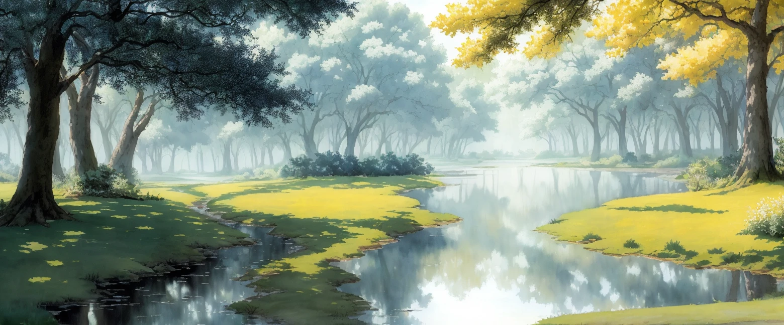 professional watercolor painting of a calm park with trees, next to water, in landscape with water with pattern at afternoon, summer, studio ghibli smooth concept art, (pale, dim) colors, beautiful sunny lighting, foggy background, shin hanga, very pale yellow white bright sky through trees, steppe, glowing white, by Greg Hildebrandt, by Brothers Hildebrandt
