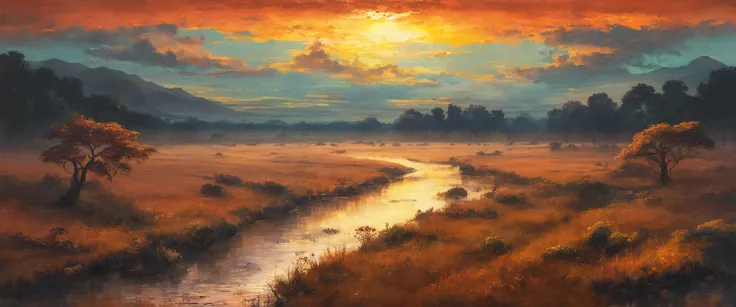 ((masterpiece, best quality)),landscape stretching,river, in landscape with Proportion with pattern at dawn, morning, summer, temperate savanna, glowing  red light, (((surrealist)))