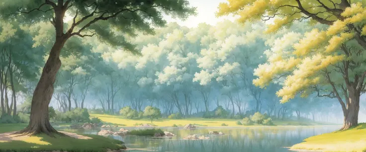 professional watercolor painting of a calm park with trees, next to water,  in landscape with water with pattern at afternoon, summer, studio ghibli smooth concept art, (pale, dim)  colors, beautiful sunny lighting, foggy background, shin hanga, very pale yellow white bright sky through trees,  steppe, glowing  white,  by Greg Hildebrandt,  by Brothers Hildebrandt