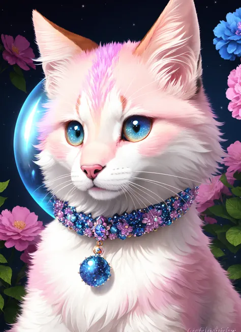 Cute, timid and furry animal, jewel-studded collar, rainbow markings, shimmering fur, deep blue crystal ball, enchanted garden, soft pink flowers, rendered in digital art by Catherine Garvey, Marty M.E. Stocker, 4K, HDR, high contrast, stylized.