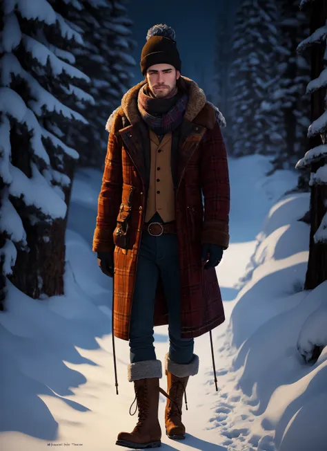 Male person, fur-lined jacket, woolen scarf, fisherman beanie, leather boots, plaid shirt, snowflakes, traditional art style, contemporary approach, Mark Thompson, David Arms, 4K, moody lighting, deep shadows, serene atmosphere.