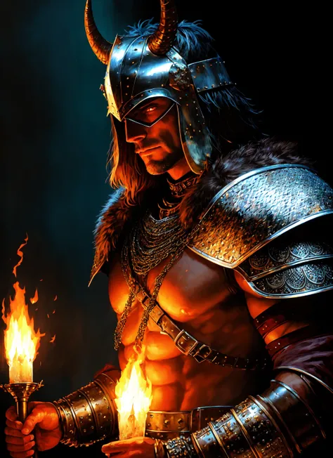 Male warrior, chain mail armor, leather shoulder pad, adorned with fur pelt, horned helmet, fire-lit environment, dark shadows, realistic oil painting by Simon Bisley, Julie Bell, 16-bit pixel art, high saturation, HD, high contrast, dramatic lighting, intricate detail, moody atmosphere, dynamic composition, medieval weaponry.