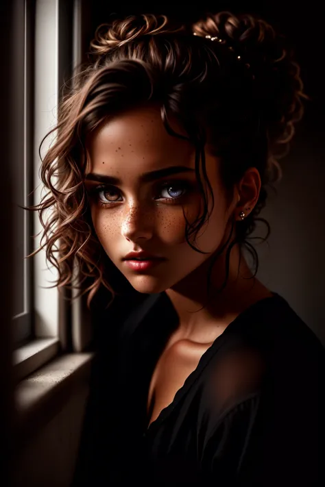 (sharp focus:1.2), an award winning photo of a beautiful exhausted tan skin woman with beautiful eyes and freckles, messy bun, messy dark hair, sitting next to a window, dark lighting, (deep shadows:1.1), high contrast, beautiful eyes, absurdres, 8k, (high quality:1.3), tired, sleepy, poverty, sadness, depression, artstation hd, concept art, detailed face and body, award-winning photography, (moody lighting:1.2), depth of field, bokeh, 4K, HDR