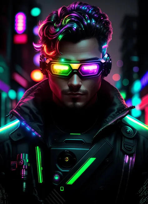 An award winning master piece photo of a cyborg man with psychedelic colors standing in a city street at night in the rain, wearing neon-colored glowing goggles, 8k, (high quality:1.1), (cinematic feeling:1.1), dark deep shadows, incredibly intricate detailing, art , (up close:1.1), from above, looking at viewer, (light sparkles:1.1), (chromatic aberration,:1.2) background with floating light artifacts