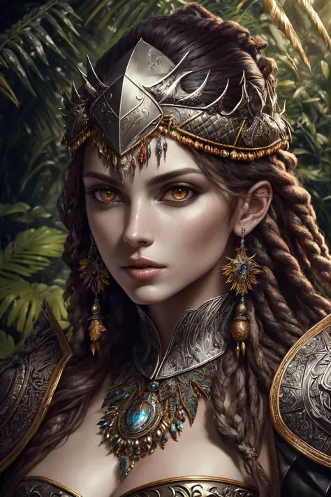 fantasy shaman, beautiful hungarian|indonesian woman, with dreadlocks, wearing ornate intricately decorated leather armor, realistic render, Dungeons and Dragons, Fantasy, octane render, zbrush. Character design, photorealistic, unreal engine, hyper-detailed, concept art, trending on art station. ((best quality)), ((masterpiece)), ((realistic)), (detailed), close up portrait, full body portrait, hazel eyes, wearing leather armor, highly detailed skin and hair, looking at the viewer, Fantasy art, stunning gradient colors, no watermark signature, closed mouth, detailed background, lush jungle, closed mouth, insanely detailed, ((masterpiece)), absurdres, HDR.