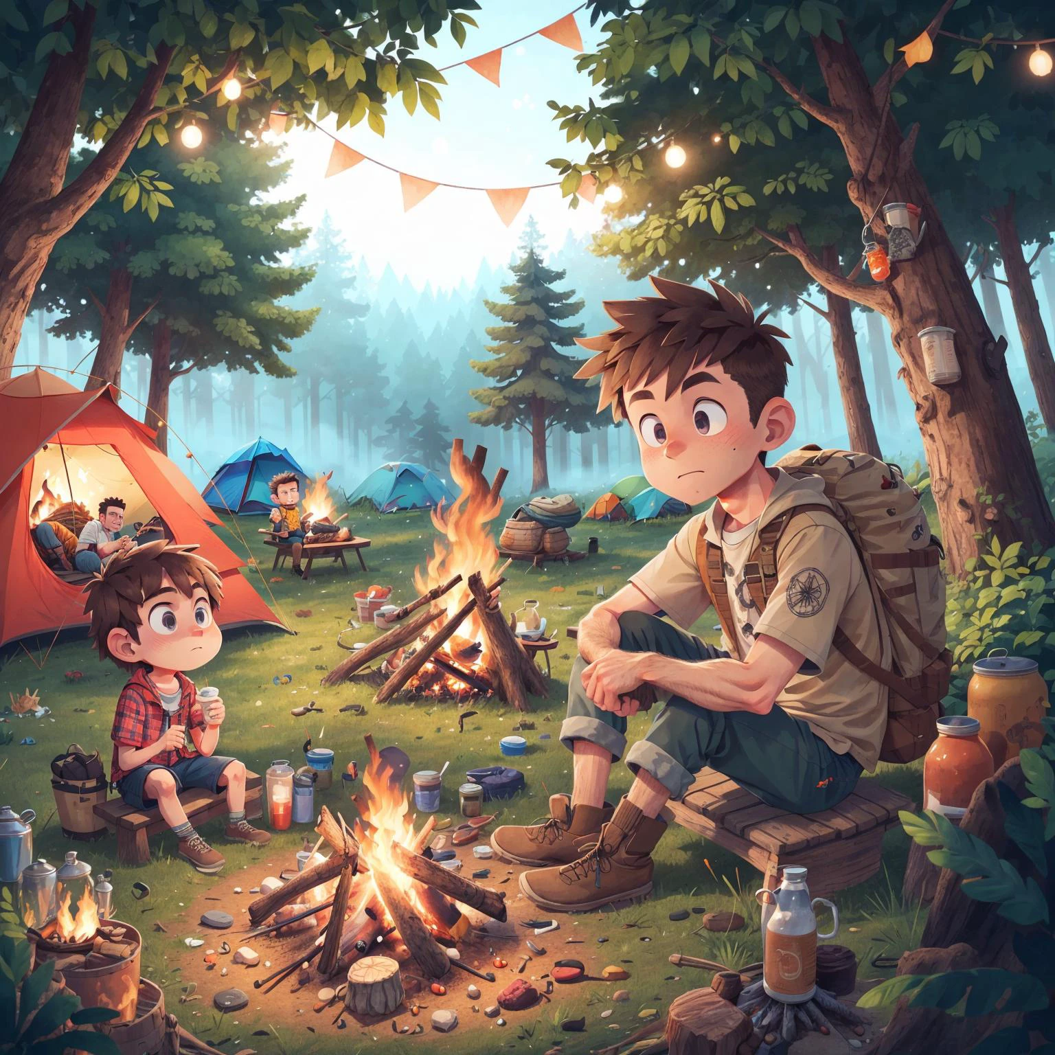 (sfw), A man sitting in front of a campfire with a tent in the background, perfect quality, sharp focus, colorful, <lora:COOLKIDS_MERGE_V2.5:0.8>, perfect anatomy, perfect face, girl, intricate detail