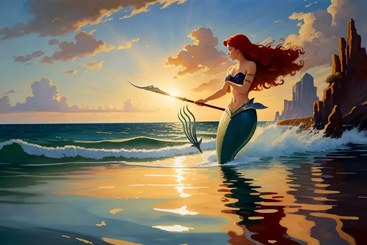 holding trident, trident, Impressionism, Capturing light and atmosphere, Loose brushwork, Plein air painting, Natural scenes, Color harmonies, solo, Mermaid, Ariel, red hair, Enchanting half-human, half-fish beings, Beautiful tails, Lore of the seas, Poseidon, golden spear, Above water, Expansive horizon, Reflections, Serene atmosphere, Sunlit ripples, heroic scene<lora:ArielV3-2:0.5>