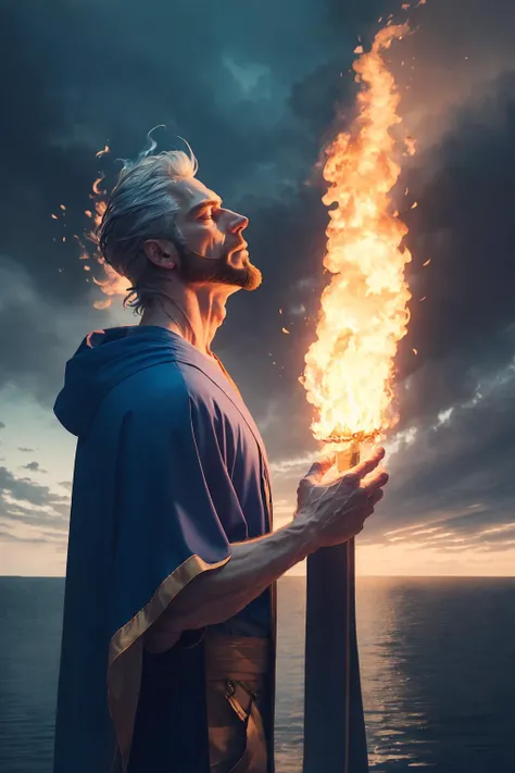 <lora:d3fr0:1> side portrait, male, long grey hair, bearded, wearing blue robe, holding fire, d3fr0 style, lake scene