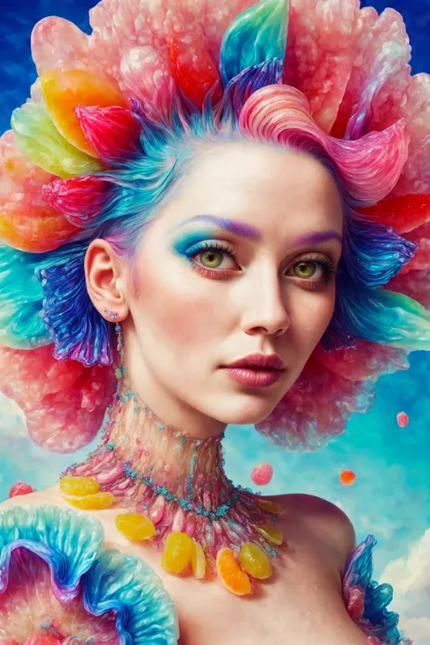sharp focus, up close portrait of a beautiful pink jelly fantasy woman, blue hair, a dress made of fruit slices, looking at viewer, highly detailed, 8k, intricate, elegant, fantasy, chromatic aberration, puffy pink clouds background