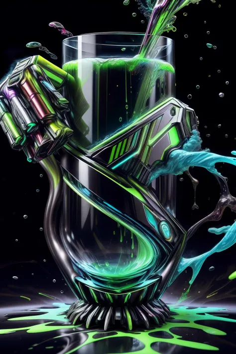 masterpiece, edrinktech, scifi cocktail glass, energy drink, florescent fluid, evaporating smoke, swirl of energy particles, <lora:EnergyDrinkTech:1> <lora:add_detail:0.8> style-swirlmagic