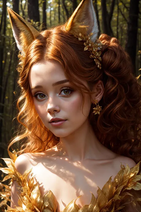 Portrait of a girl with fox ears wearing a golden gossamer twinkling gown, up close, 8k, high quality, golden sparkling lighting, hair in a messy bun, beautiful dark fantasy forest background, DarkFantasy