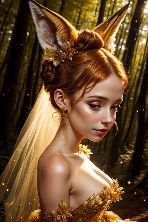 Portrait of a girl with fox ears wearing a golden gossamer twinkling gown, up close, 8k, high quality, golden sparkling lighting, hair in a messy bun, beautiful dark fantasy forest background, DarkFantasy