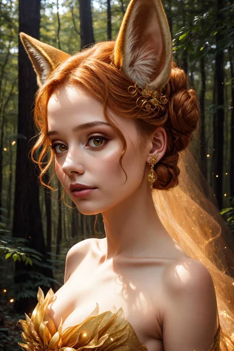 Portrait of a girl with fox ears wearing a golden gossamer twinkling gown, up close, 8k, high quality, golden sparkling lighting, hair in a messy bun, beautiful dark fantasy forest background, DarkFantasy