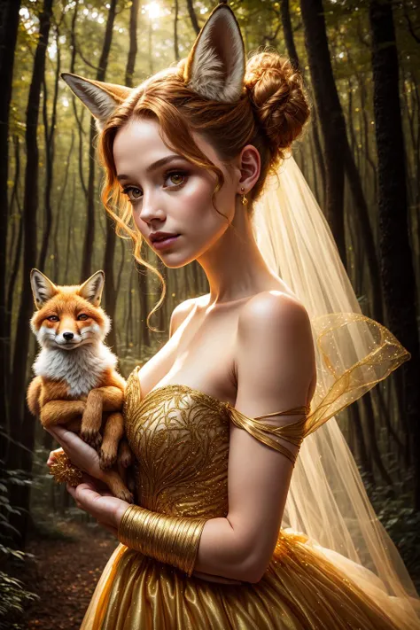 Portrait of a girl with fox ears wearing a golden gossamer twinkling gown, up close, 8k, high quality, golden sparkling lighting, hair in a messy bun, beautiful dark fantasy forest background, DarkFantasy