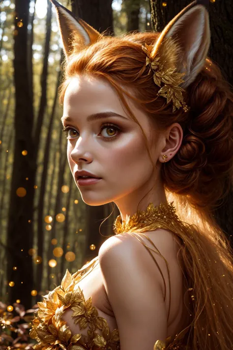 Portrait of a girl with fox ears wearing a golden gossamer twinkling gown, up close, 8k, high quality, golden sparkling lighting, hair in a messy bun, beautiful dark fantasy forest background, DarkFantasy