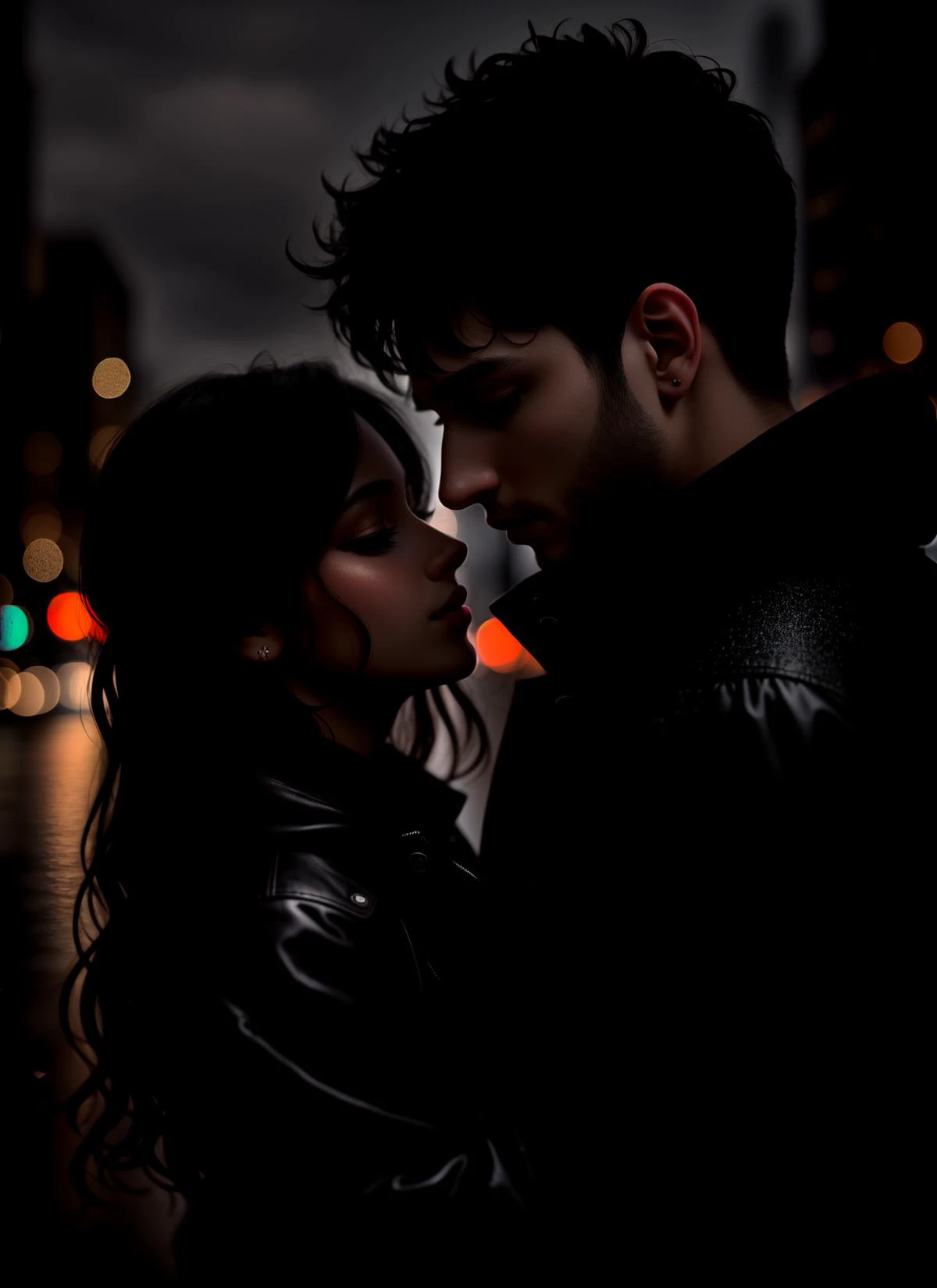 (deep shadow:1.2), dark black, night, (masterpiece:1.1), Intimate, high-quality photograph of a (couple:1.2) in the (dark:1.1) (rain:1.1), (dramatic lighting:1.1), romantic, passionate, intricately detailed clothing, (drenched:1.1) with (shimmering droplets:1.1), city background, by Brandon Woelfel, Sony Alpha 7R IV camera, digital photograph, f/2.8 lens, warm tones, creamy bokeh, hyper-realistic lifelike texture, trending on social media, Adobe Lightroom