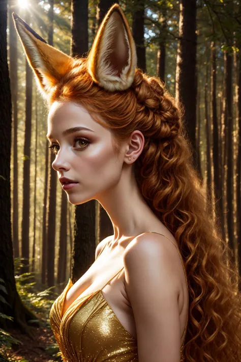 Portrait of a girl with fox ears wearing a golden gossamer twinkling gown, up close, 8k, high quality, golden sparkling lighting, hair in a messy bun, beautiful dark fantasy forest background, DarkFantasy