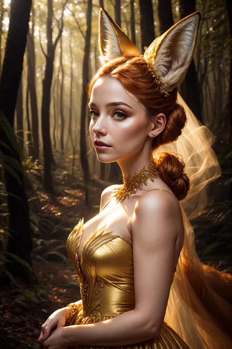 Portrait of a girl with fox ears wearing a golden gossamer twinkling gown, up close, 8k, high quality, golden sparkling lighting, hair in a messy bun, beautiful dark fantasy forest background, DarkFantasy