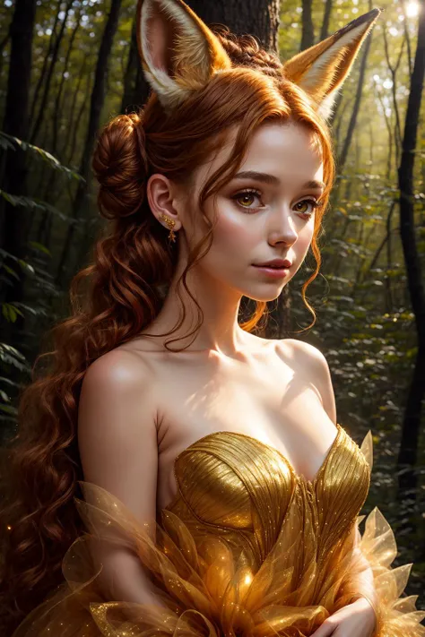 Portrait of a girl with fox ears wearing a golden gossamer twinkling gown, up close, 8k, high quality, golden sparkling lighting, hair in a messy bun, beautiful dark fantasy forest background, DarkFantasy