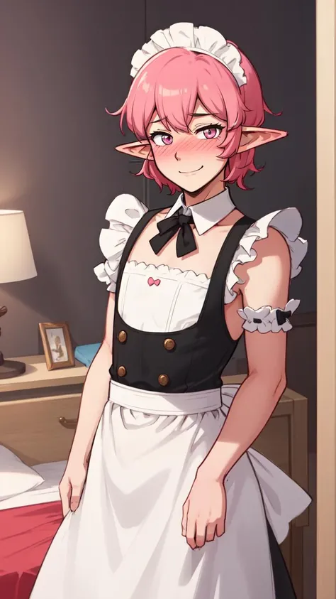 (masterpiece, best quality:1.2), (1boy, otoko no ko:1.1), blush, smile, solo, male focus, looking at viewer, indoors, bedroom, simple background, elf, pointy ears, cinnabar hair, salmon pink eyes, maid uniform