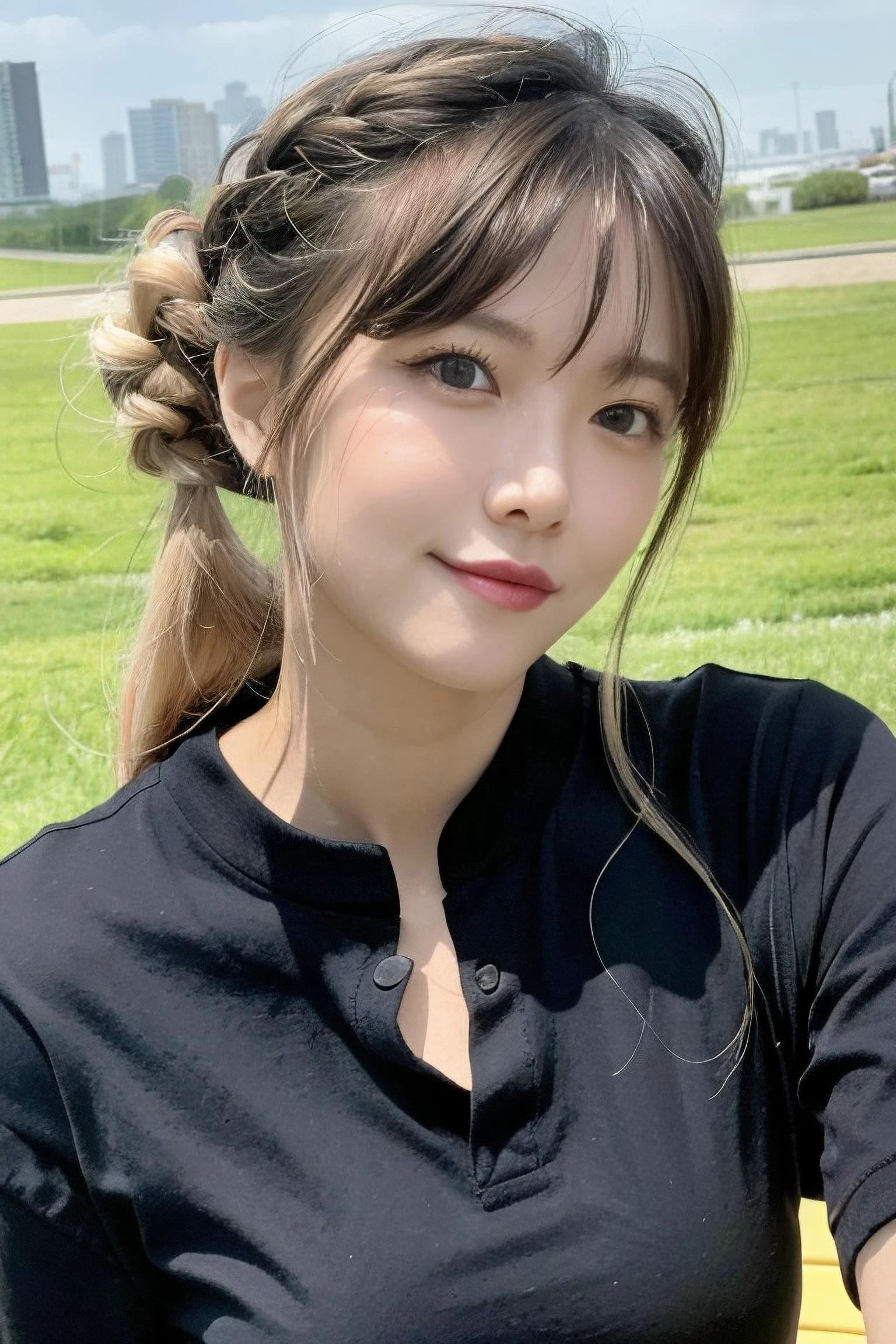 (8k, raw photo), film grain, ultra high res, ultra-detailed, (ultra skin details),incredibly absurdres, strong rim light,Asian, slim girl, seductive smile, stare, small breasts, tattoo, braided hair, blonde hair, ((light brown hair)), (photorealistic:1.3) <lora:koreanDollLikeness_v15:0.06>, sunlight,1girl, instagram, outdoors, (black shirt:1.2), (((city))),(extremely detailed face), (bangs),bare body <lora:tuozijieLuoxin_luoxinV10:0.85>