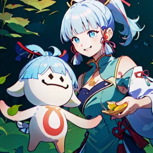 (((1 lannalo)), kamisato ayaka (flawless radiance), ponytail, kote, blunt bangs, hair ribbon, light blue hair, smile, leaf, <lora:lannaluo-000012:0.9> <lora:kamisatoAyakaSpringbloom_v10:0.4>