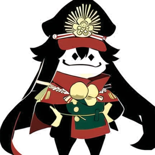 1 lannalo , oda_nobunaga_\(fate\), biack hair, long strait hair, uniform hat, smile, leaf, flat color<lora:lannaluo-000010:0.8> , <lora:odanobunagaFGO-000010:0.8>