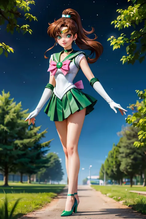 1girl, sailor jupiter, bishoujo senshi sailor moon, elegant detailed eyes, detailed facial features, long eyelashes, beautiful detailed lips, elegant detailed pose, highly detailed, masterpiece, 4k, hyper realistic, photorealistic, cinematic lighting, dynamic composition, intricate details, vibrant colors, soft dreamy atmosphere, magical girl fantasy, full body shot, SailorJupiter, magical girl, sailor senshi uniform, leotard, miniskirt, green skirt