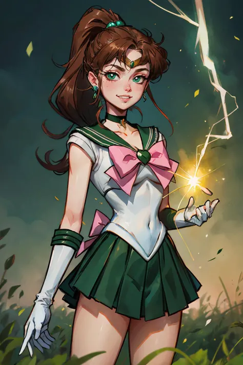 EPsmSailorJupiter, green eyes, brown hair, ponytail, earrings, choker, circlet, green sailor senshi uniform, pink bow, white elblow gloves, green skirt,looking at viewer, serious, grin, standing, hand, holding energy spell, blue lightning, outside, field, blue sky, high quality, masterpiece, <lora:EPsmSailorJupiter:.8>