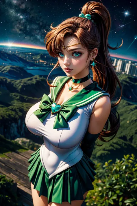 (ultra realistic,32k, masterpiece:1.2),(high detailed skin:1.1),( high quality:1.1),
<lora:EPsmSailorJupiter:0.8>EPsmSailorJupiter,pout, green eyes, brown hair, long hair, ponytail, hair ornament, hair bobbles, brooch, heart brooch, jewelry, tiara, choker, green choker, star choker, skirt, green skirt, pleated skirt, bow, back bow, pink bow, gloves, white gloves, elbow gloves, earrings, sailor collar, star (symbol), green sailor collar, sailor senshi uniform, giant planet Jupiter in background,, huge breast,large breast,(looking at viewer, standing, from above:1.1),, <lora:add_detail:0.99>,
(iridescence:1.1),
