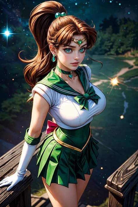 (ultra realistic,32k, masterpiece:1.2),(high detailed skin:1.1),( high quality:1.1),
<lora:EPsmSailorJupiter:0.8>EPsmSailorJupiter,wince, green eyes, brown hair, long hair, ponytail, hair ornament, hair bobbles, brooch, heart brooch, jewelry, tiara, choker, green choker, star choker, skirt, green skirt, pleated skirt, bow, back bow, pink bow, gloves, white gloves, elbow gloves, earrings, sailor collar, star (symbol), green sailor collar, sailor senshi uniform, starfire nexus, celestial convergence, radiant energies, nexus of cosmic power, huge breast,large breast,(looking at viewer, standing from above:1.1),, <lora:add_detail:0.76>,
(beautifully lit:1.1),