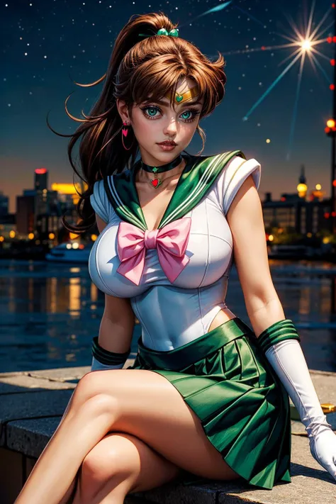 (ultra realistic,32k, masterpiece:1.2),(high detailed skin:1.1),( high quality:1.1),
<lora:EPsmSailorJupiter:0.8>EPsmSailorJupiter,parted lips, green eyes, brown hair, long hair, ponytail, hair ornament, hair bobbles, brooch, heart brooch, jewelry, tiara, choker, green choker, star choker, skirt, green skirt, pleated skirt, bow, back bow, pink bow, gloves, white gloves, elbow gloves, earrings, sailor collar, star (symbol), green sailor collar, sailor senshi uniform, giant planet Jupiter in background,, huge breast,large breast,(looking at viewer, sitting, crossed legs:1.1),, <lora:add_detail:0.96>,
(refraction:1.1),